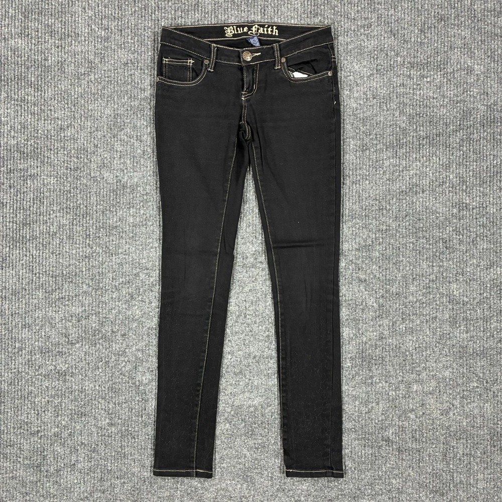 Blue Faith Womens Skinny Jeans Black Stretch Denim Size 1/2 Ultra Low Rise Y2K